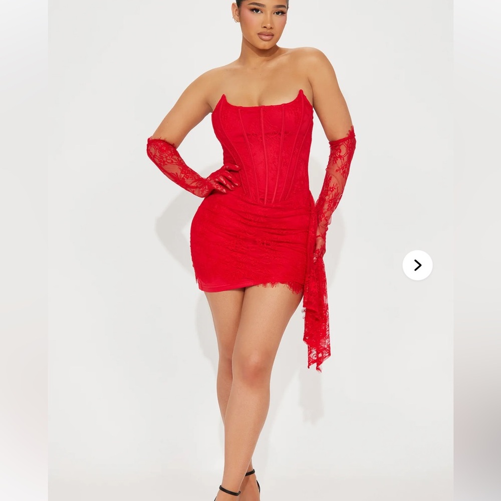 Elegant Red Lace Strapless Dress FASHION NOVA
